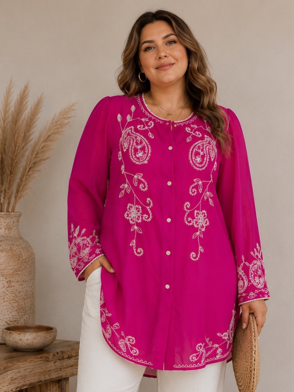 Antthony Fuchsia Pink Tunic with White Floral Embroidery /Sequins Size 1X